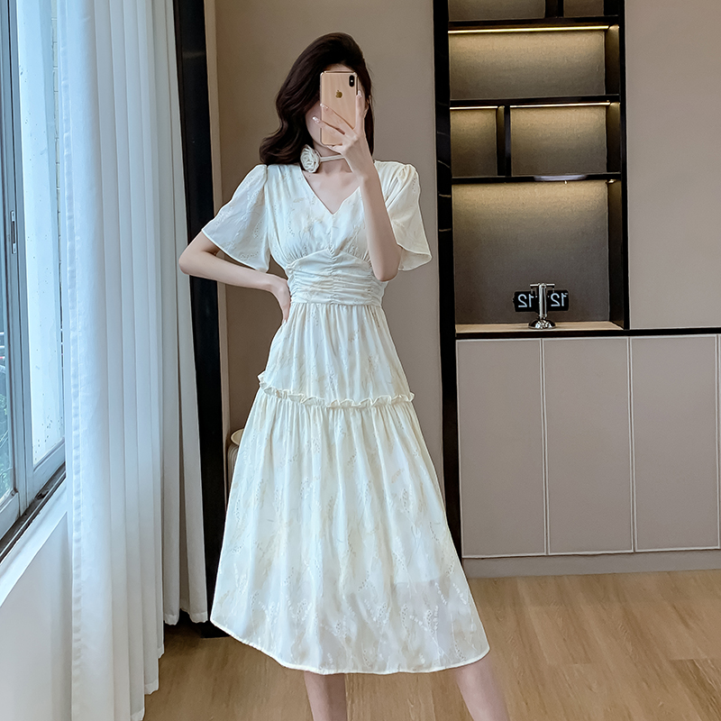 MY11575# 夏季法式小清新印花连衣裙女 V领浪漫花朵颈链减龄显瘦中长裙女裝貨源服裝批發