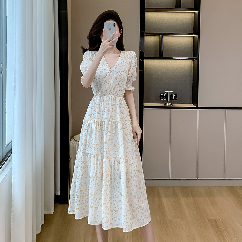 MY11898# 实拍夏文艺小清新碎花雪纺连衣裙女 中长款V领减龄显瘦通勤蛋糕裙