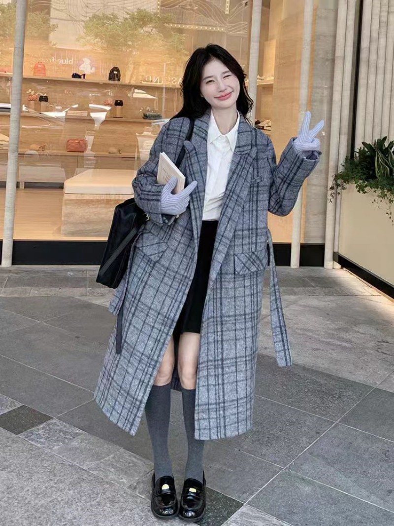MY13733# 韩系设计感格纹拼接长款夹棉呢子大衣英伦风时尚格子宽松外套...