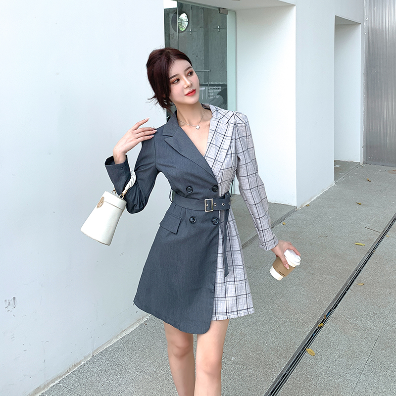MY13735# 新款格调小个子风衣外套女中长款气质方格日常百搭西装裙女裝...