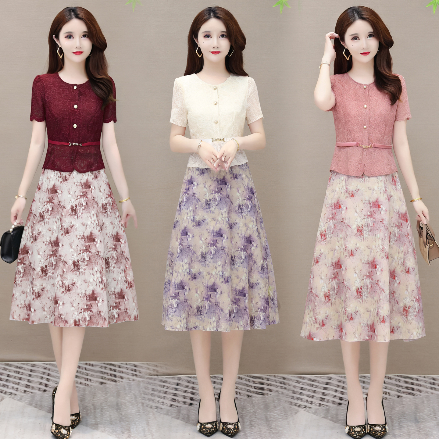 RY4289# 短袖连衣裙洋气高贵妈妈夏装遮肚显瘦假两件雪纺碎花裙