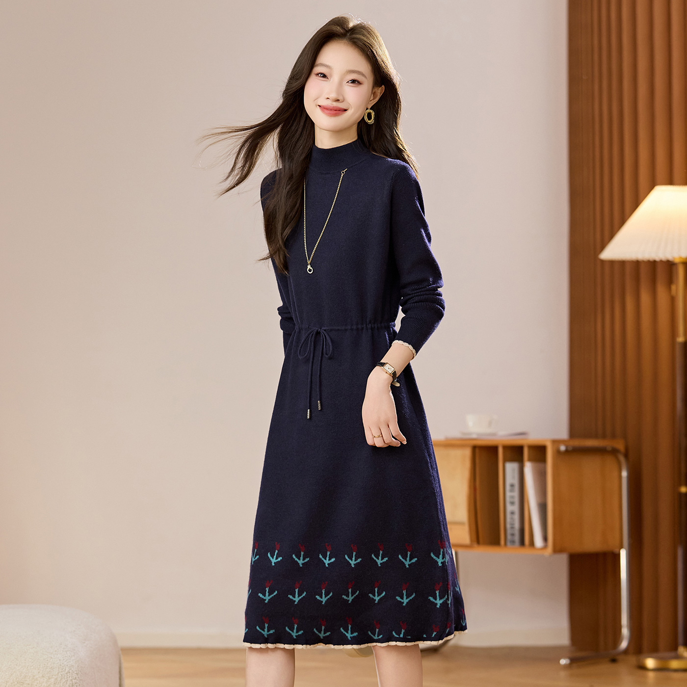 實拍半高領抽繩針織羊毛連衣裙女2025新款秋冬內搭洋氣減齡毛衣裙