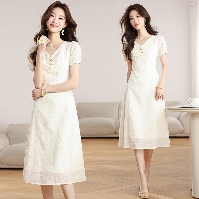 RY3402# 实拍 法式茶歇初恋连衣裙夏薄款特别温柔风收腰V领锁骨仙女裙...