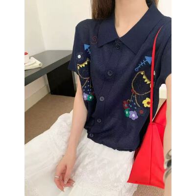 MY8263#气质新款polo领卡通小猫花朵刺绣时尚洋气百搭下摆抽绳开衫短袖女女裝貨源服裝批發