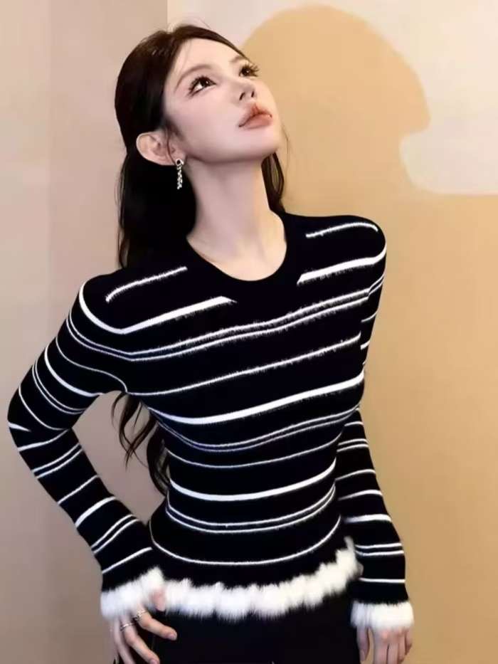 MY16346# 绝美巨好看打底衫新款今年流行小众不撞款黑色条纹针织上衣女...