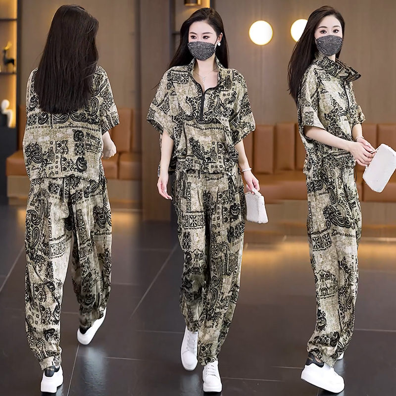MY12353# 洋气大码女装套装胖MM印花时尚宽松显瘦哈伦裤两件套女裝貨...