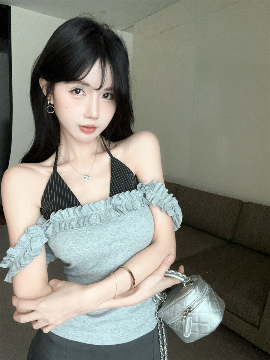 设计感辣妹撞色木耳边假两件无袖...