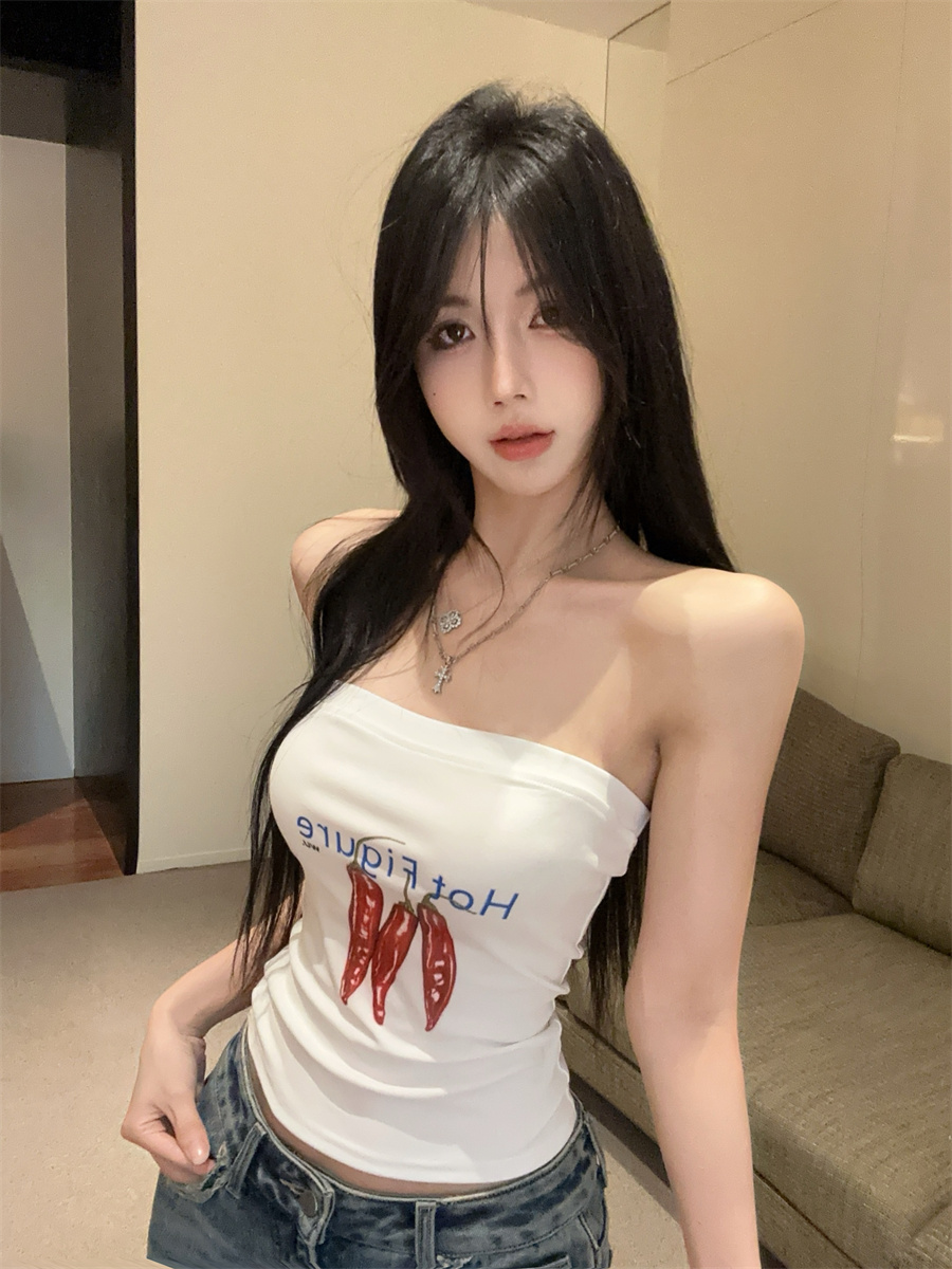 FA32822# 性感辣妹设计感辣椒字母印花露肩短款修身显瘦百搭抹胸 服裝批發女裝批發服飾貨源