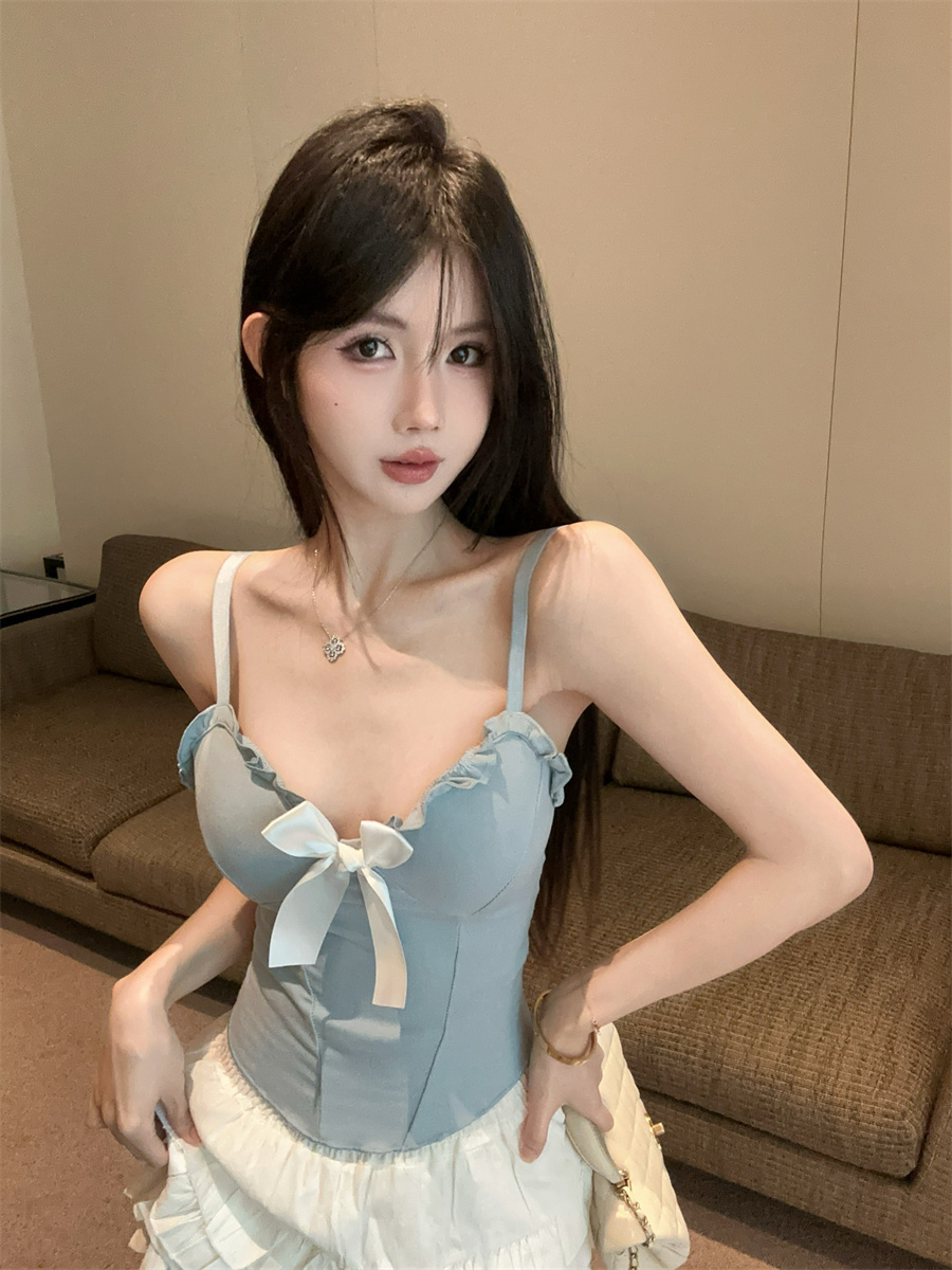 FA32819# 纯欲性感V领木耳花边蝴蝶结辣妹露脐带胸垫百搭吊带背心 服裝批發女裝批發服飾貨源