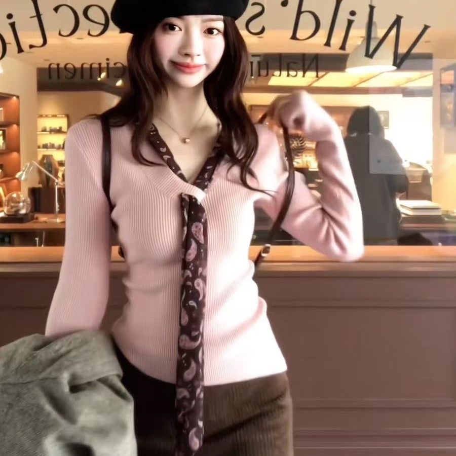 MY15813# 新款韩系设计感粉色v领针织毛衣修身内搭打底长袖上衣女裝貨...