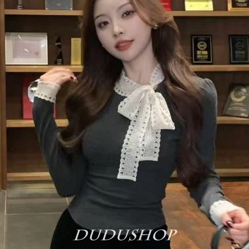 MY15812# 法式蝴蝶结绑带深灰色加厚打底衫设计感小众内搭上衣女裝貨源...