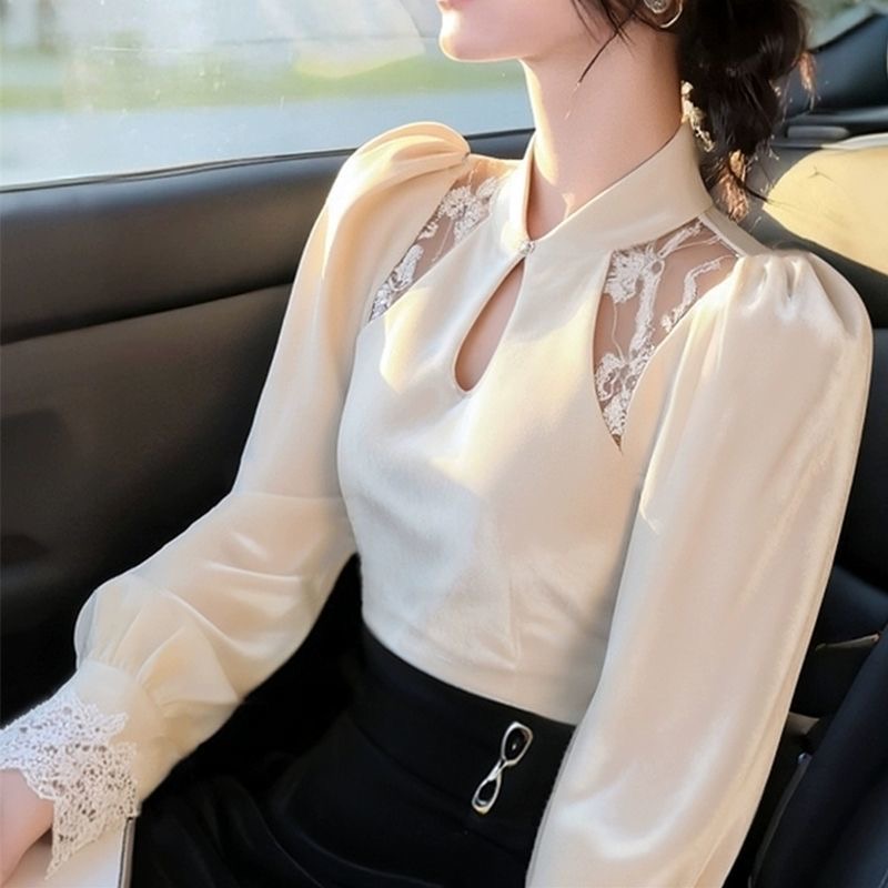 MY15808# 新中式流行漂亮国风上衣小众设计感独特超好看杏色丝绒衬衫高...