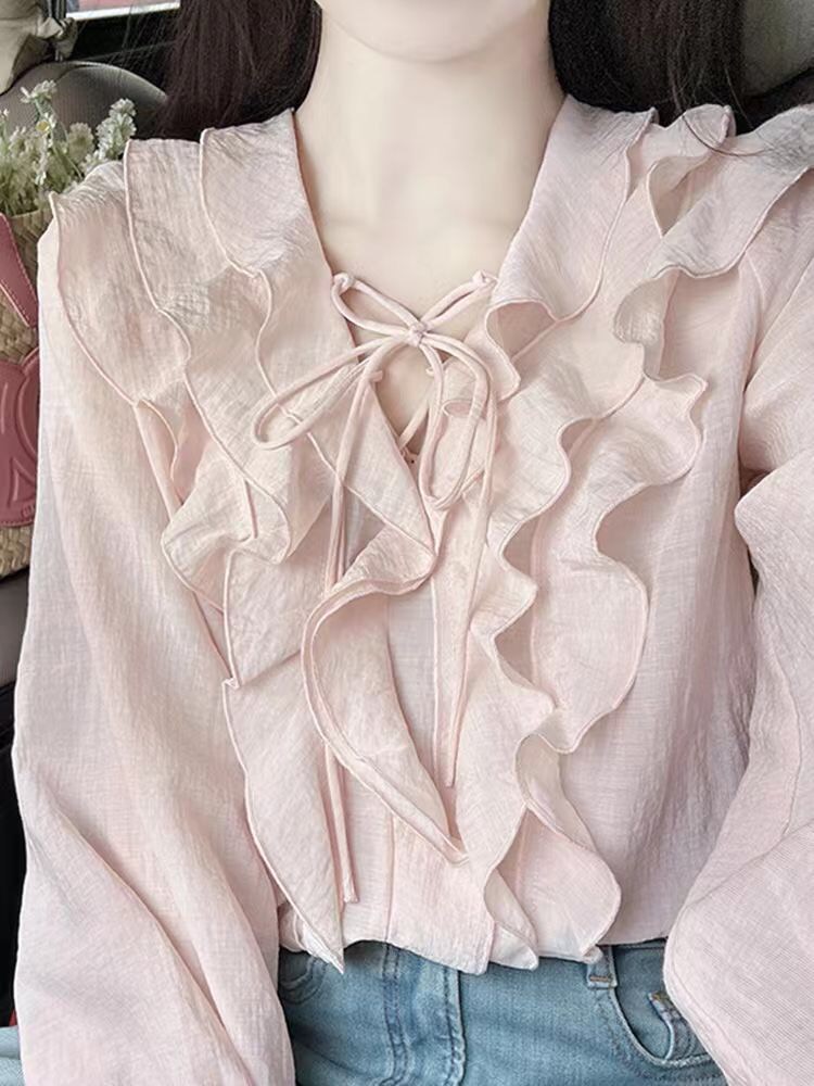 MY15809# 法式复古v领系带荷叶边长袖衬衫新款气质衬衣别致绝美上衣女...