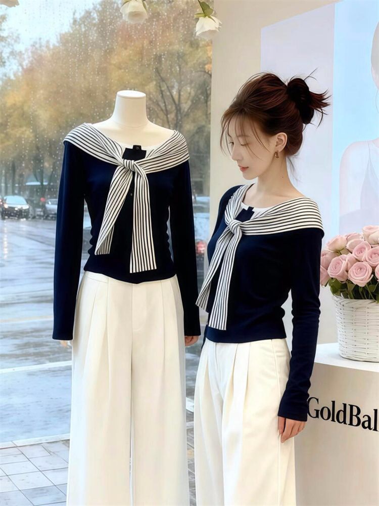 MY16355# 韩系气质拼接条纹绑带长袖t恤女秋季小众独特修身短上衣女裝...