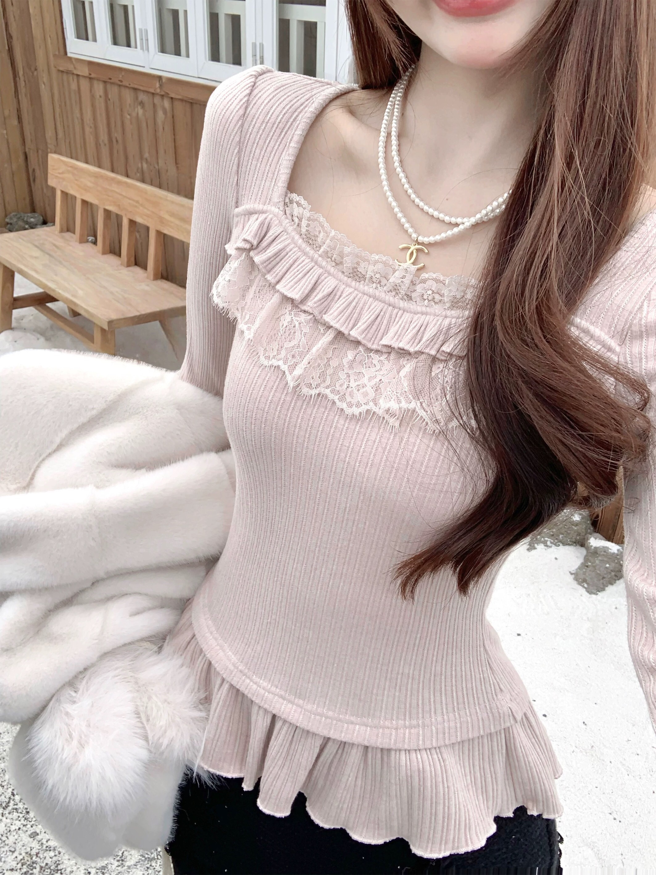 MY16354# 甜慕斯/甜美千金蕾丝花边拼接粉色内搭针织上衣女裝貨源服裝批發