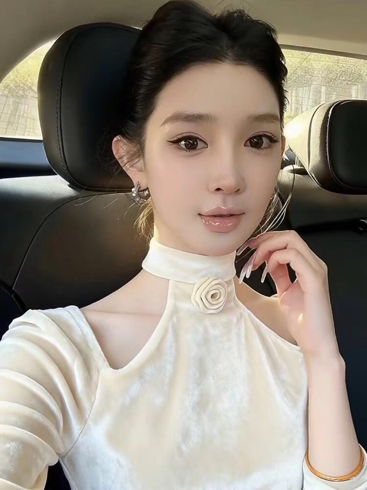 MY16350# 白色露肩立体花朵丝绒上衣女装气质名媛修身显瘦打底衬衣女裝...