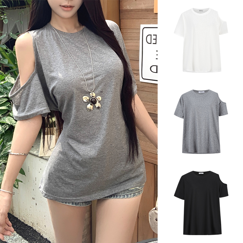 FA35055# -设计感纽扣收腰短袖t恤女夏季新款小众露肩上衣女 服裝批發女裝批發服飾貨源