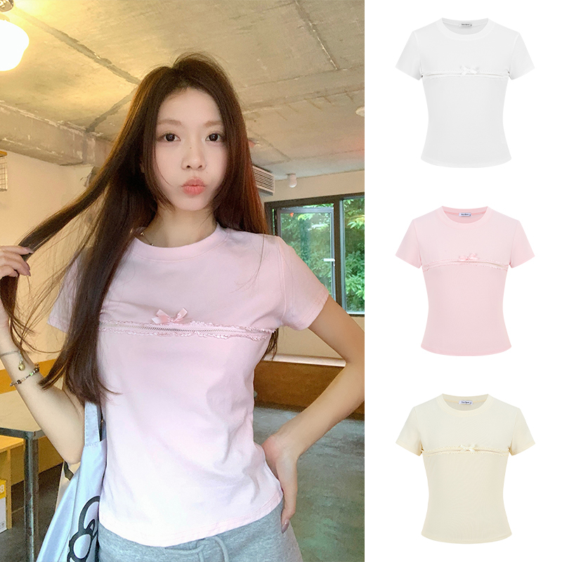FA35054# -少女拼接蝴蝶结短袖T恤女夏季新款修身显瘦上衣 服裝批發女裝批發服飾貨源