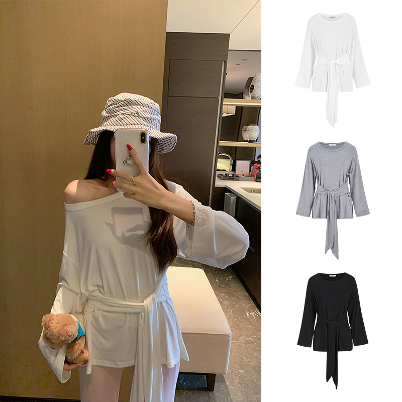 FA35051# -慵懒风宽松露肩长袖T恤女夏季腰部绑带斜肩上衣 服裝批發女裝批發服飾貨源