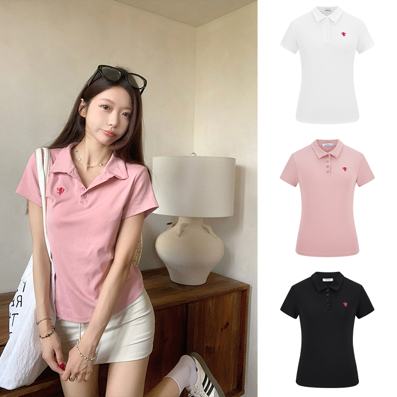 FA35047# -刺绣polo衫正肩短袖t恤女夏收腰显瘦翻领上衣 服裝批發女裝批發服飾貨源