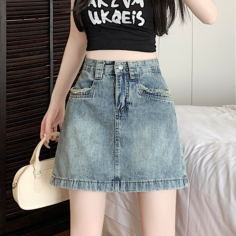 RY1332# 实拍牛仔短裙女夏2026韩国高腰显瘦a字裙毛边包臀半身裙防...