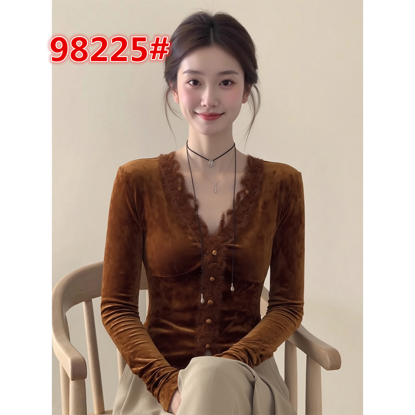 MY16110#美拉德咖色v领蕾丝花边丝绒上衣气质轻奢高级感内搭小衫女裝貨源服裝批發