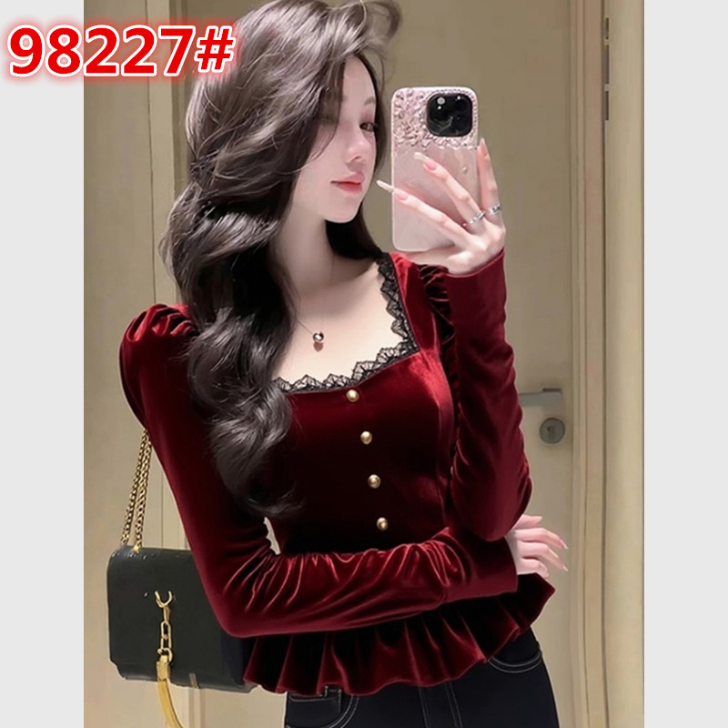 MY16112#红色丝绒衬衫高级感轻奢减龄洋气独特漂亮掐腰法式小资上衣女裝貨源服裝批發