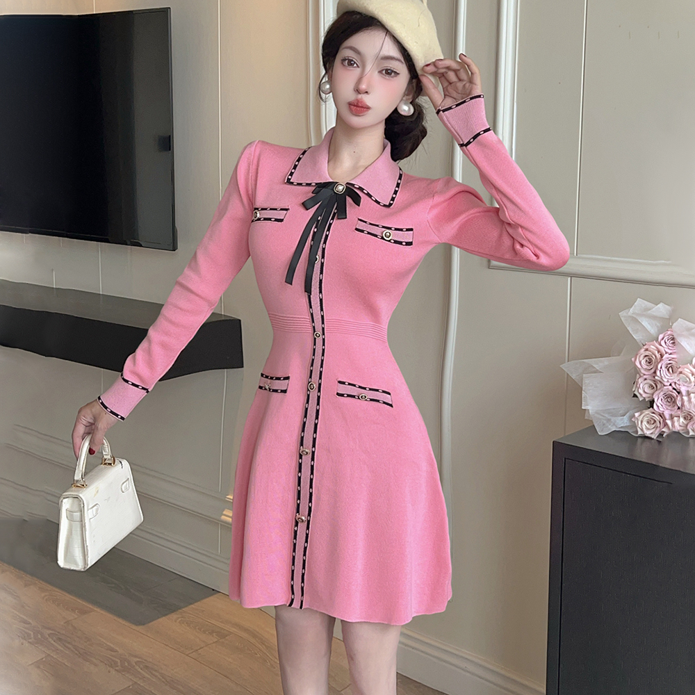MY13256# 女装polo领长袖针织连衣裙收腰A字裙蝴蝶结秋冬毛衣打底...