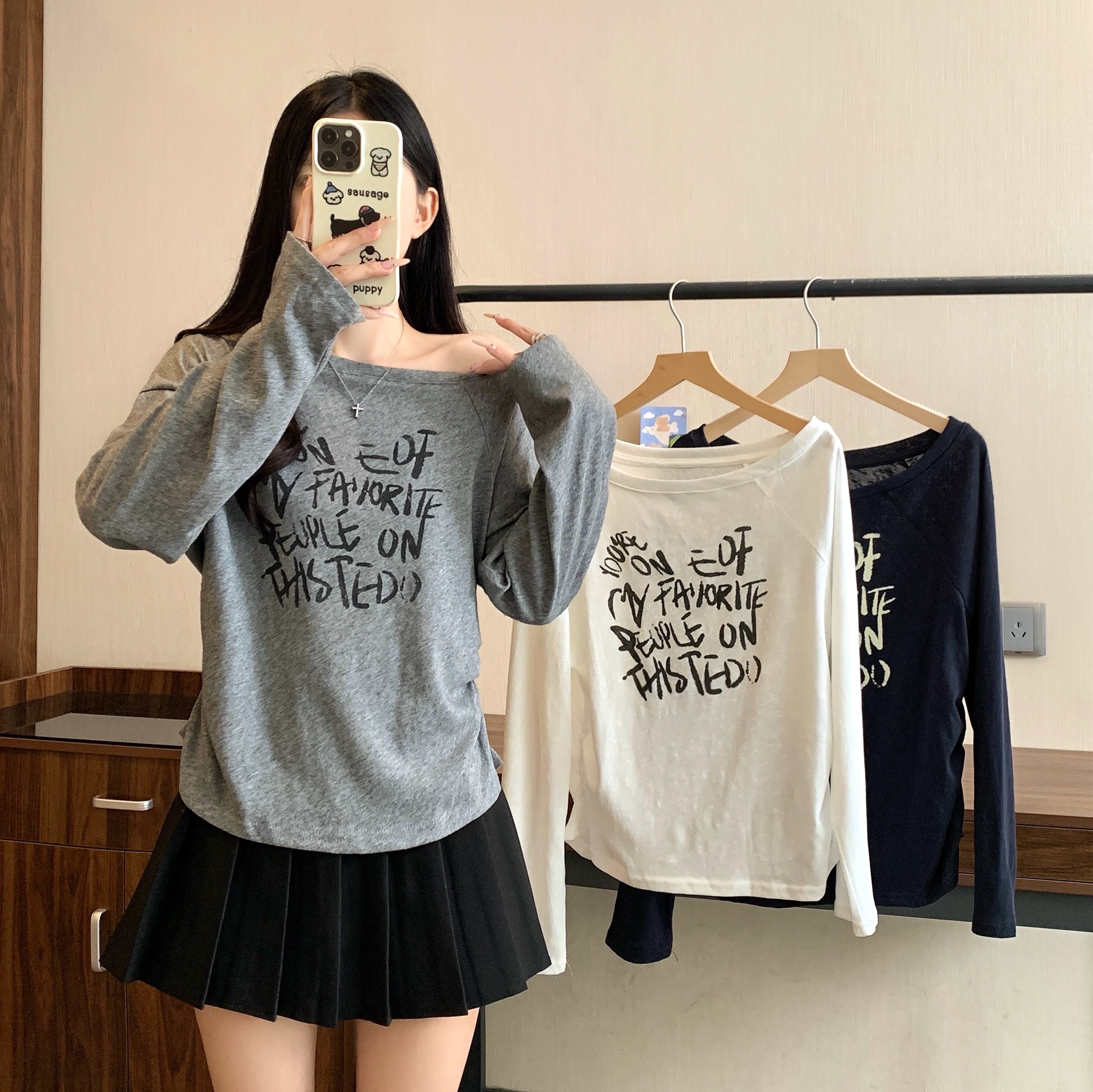 MY12752# 大码女装新款时尚韩风斜领露肩百搭长袖T恤女裝貨源服裝批發