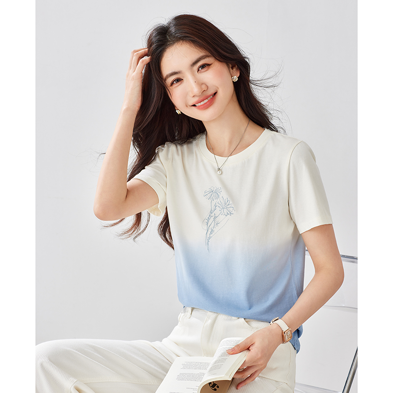 MY11834# 吊染渐变印花T恤女2025夏季百搭显瘦今年流行的漂亮小上衣