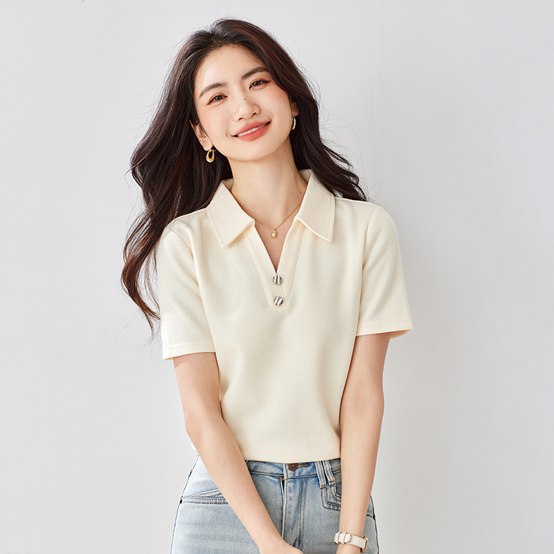 MY11832# 纯色Polo领短袖T恤女夏季2025年新款正肩短款宽松显瘦上衣
