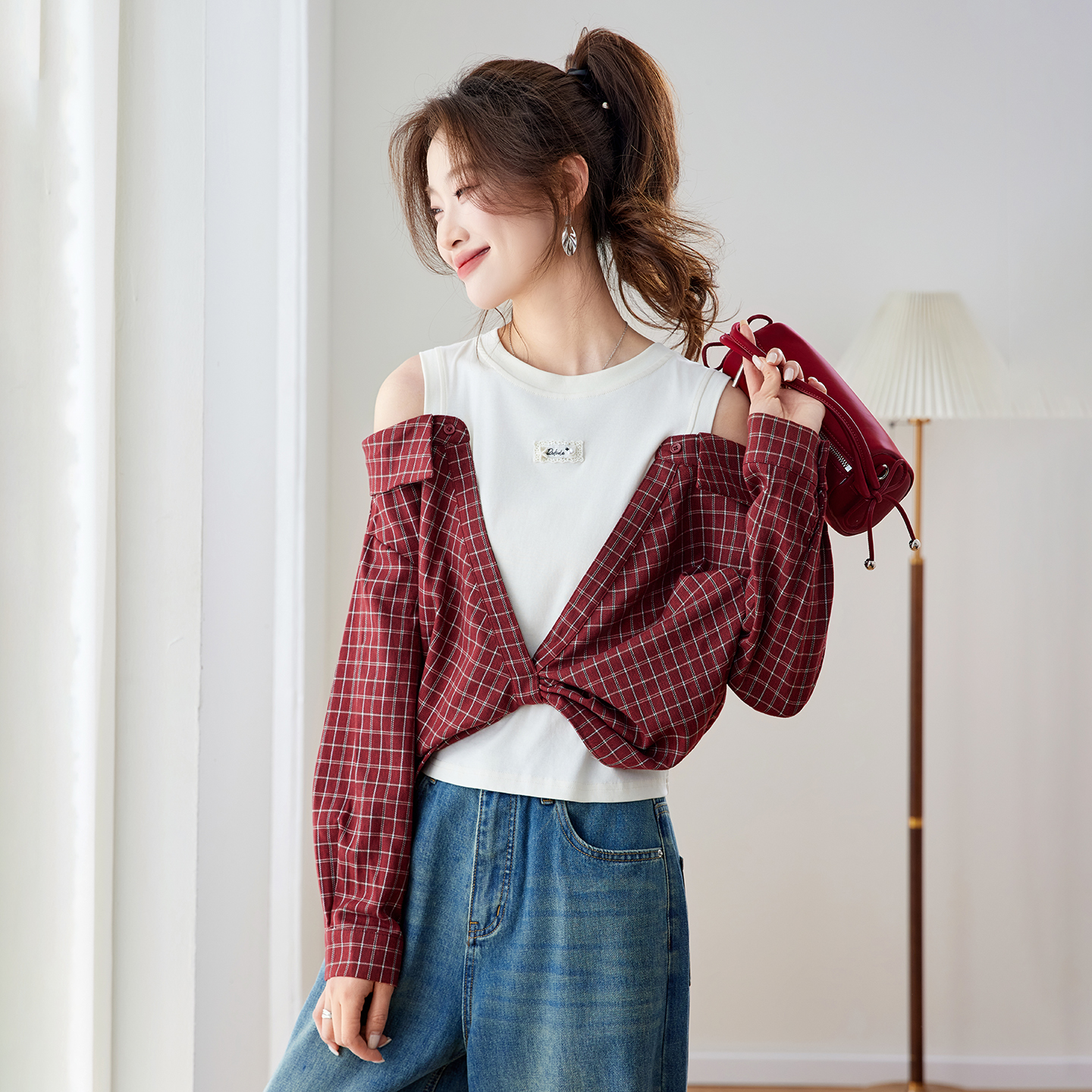 RY461# 温绒絮语春季新款假两件拼接红色露肩格子衬衫女宽松长袖上衣