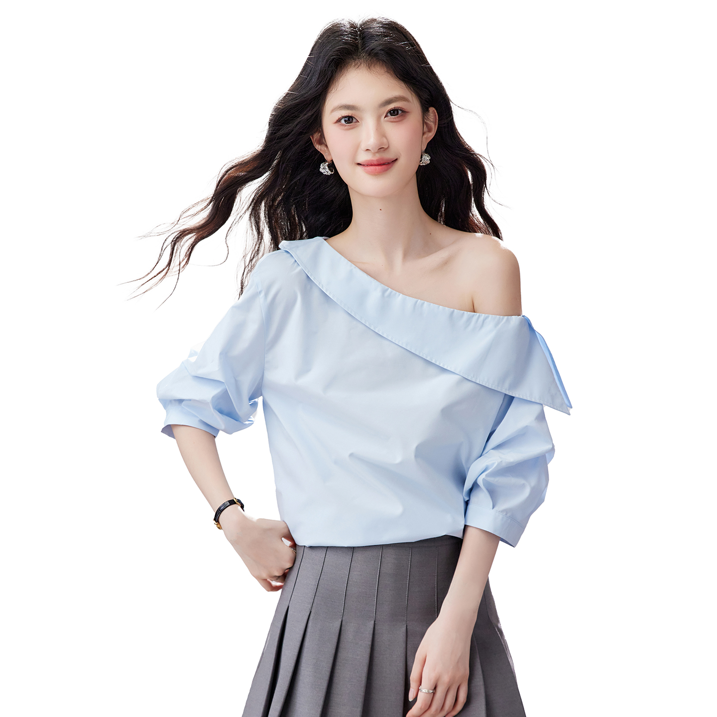 霧藍月光曲法式斜肩氣質襯衫女2026夏新款飄帶設計感上衣
