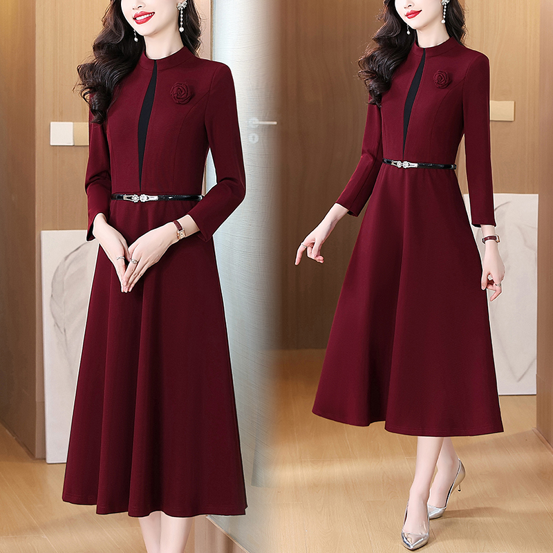 MY13317# 酒红色立领大摆连衣裙时尚修身收腰显瘦气质长裙女裝貨源服裝批發
