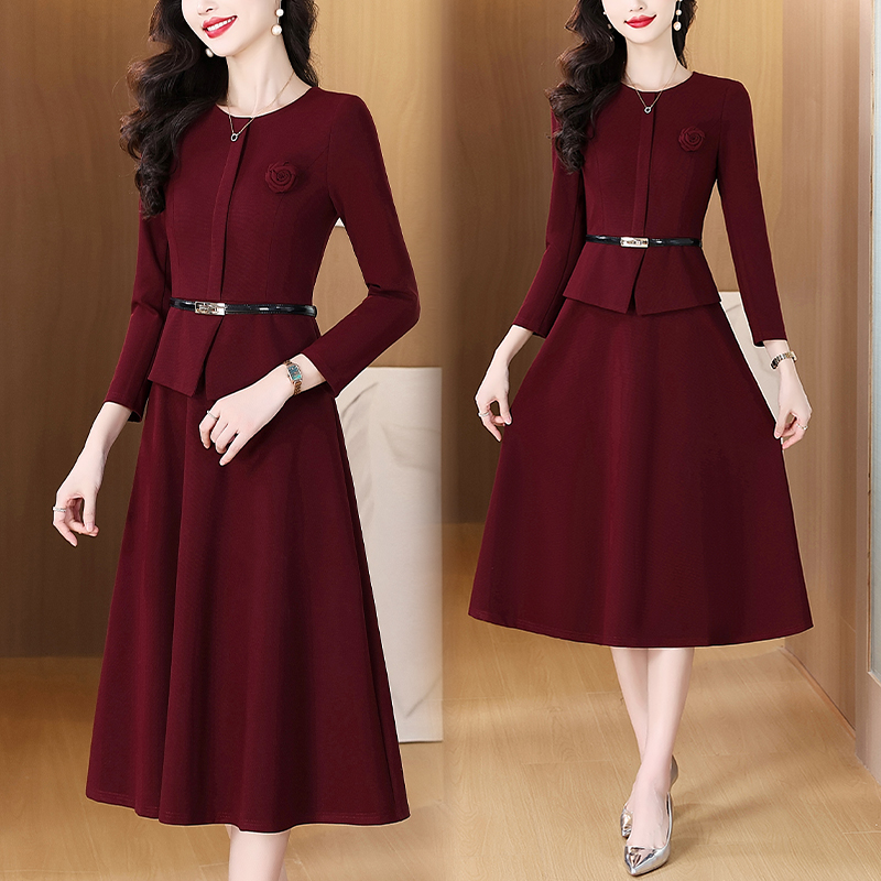 RY919#酒红色假两件大摆连衣裙2025秋季时尚修身收腰显瘦气质长裙
