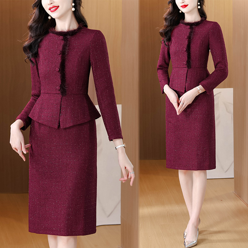 MY13314# 酒红色小香风包臀裙女冬新款时尚修身气质假两件酒红色连衣裙女裝貨源服裝批發