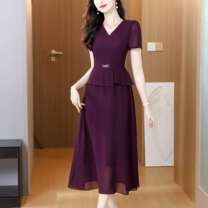 RY917# 实拍紫红色假两件连衣裙2025夏季新款气质优雅大摆连衣裙