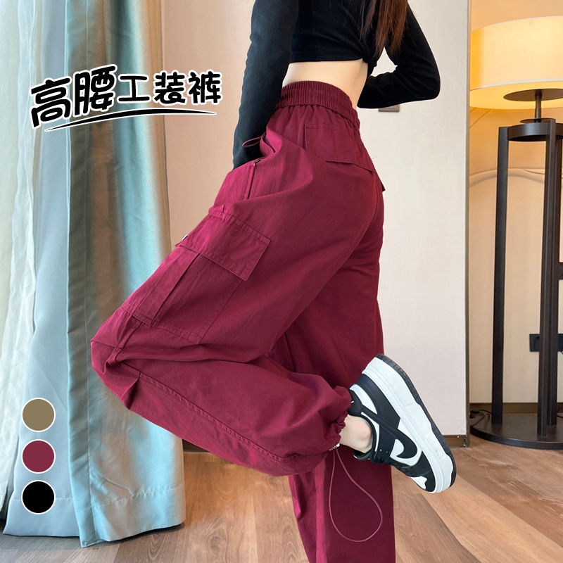 MY13044# 工装裤高腰哈伦束脚阔腿两穿洗水棉运动裤女裝貨源服裝批發