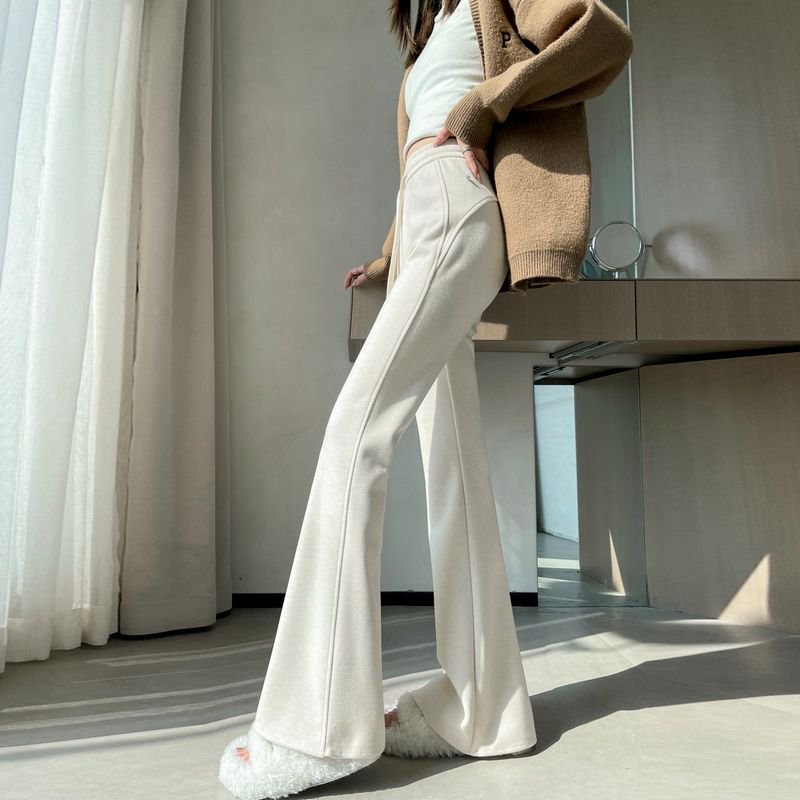 MY16887# 新款米白色加绒醋酸羊毛裤宽松显瘦羊绒微喇叭裤女女裝貨源服...