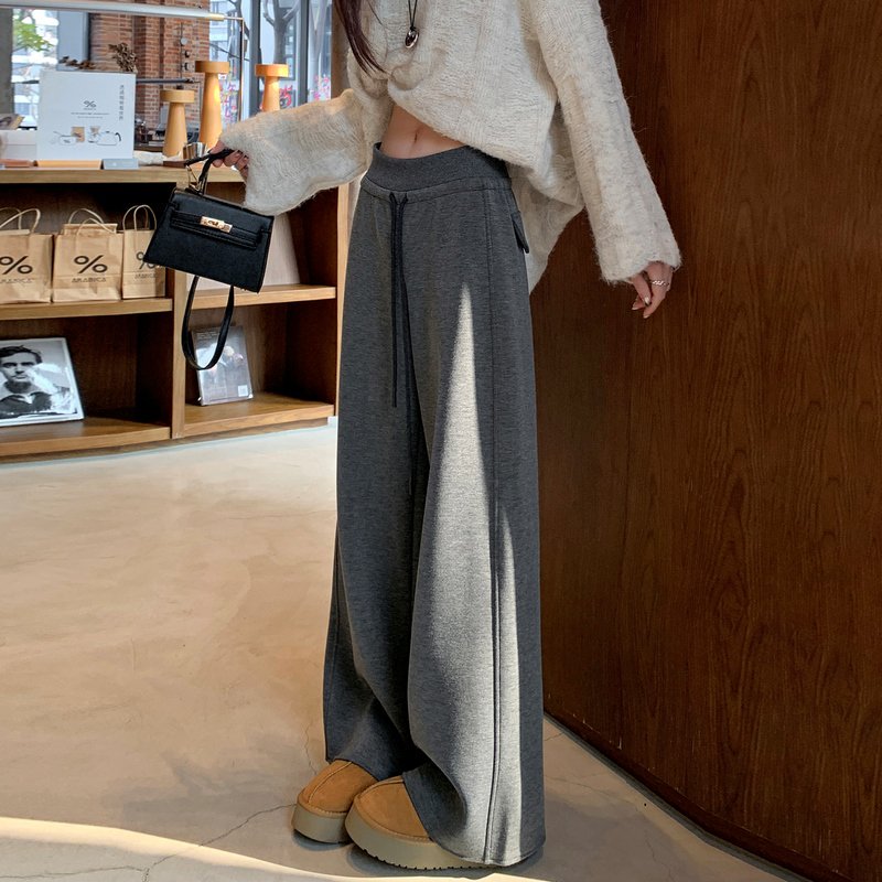 MY16883# 新款加绒米白色卫裤直筒糯米裤运动休闲阔腿裤女女裝貨源服裝...