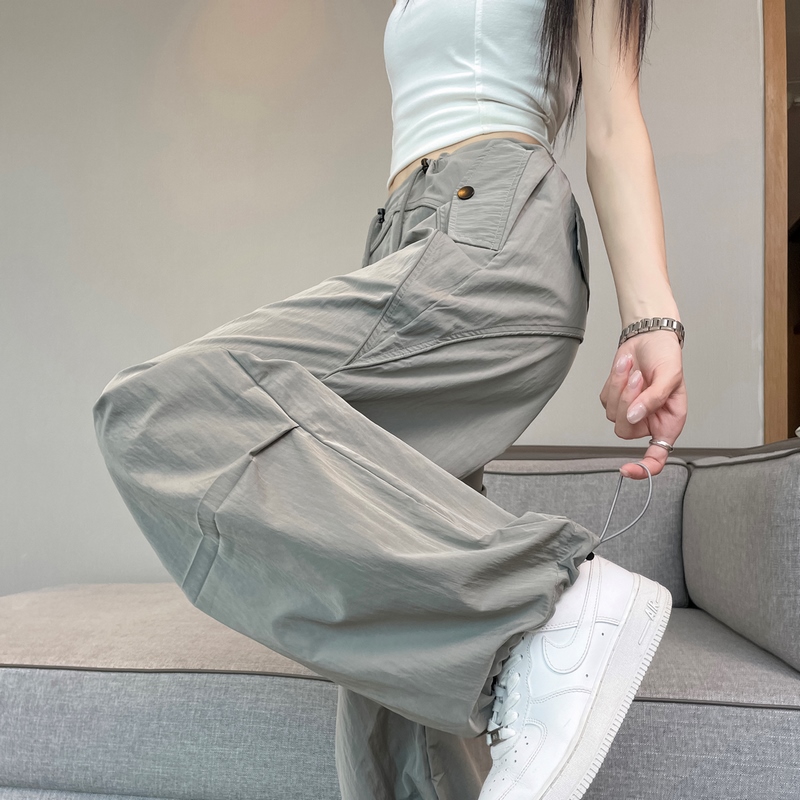 實拍2026夏季新款速干褲工裝褲女薄款高腰束腳闊腿兩穿冰絲運動褲