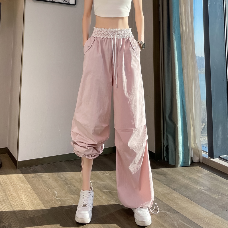 實拍2026夏季新款速干蕾絲工裝褲女薄款高腰速干褲冰絲褲運動褲