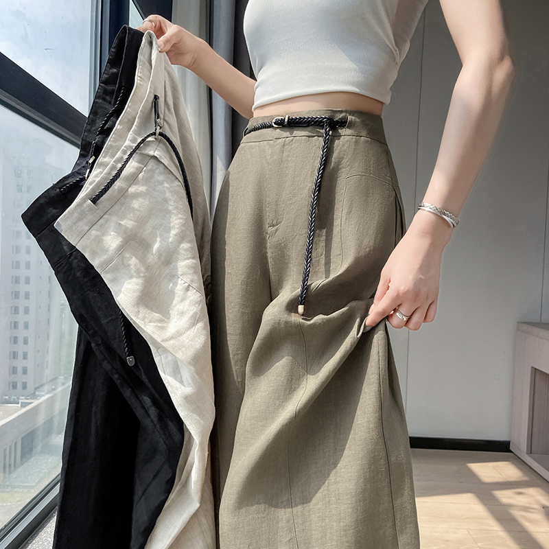 實拍2026夏季新款天絲亞麻彎刀褲高腰休閑褲冰絲闊腿拖地褲女