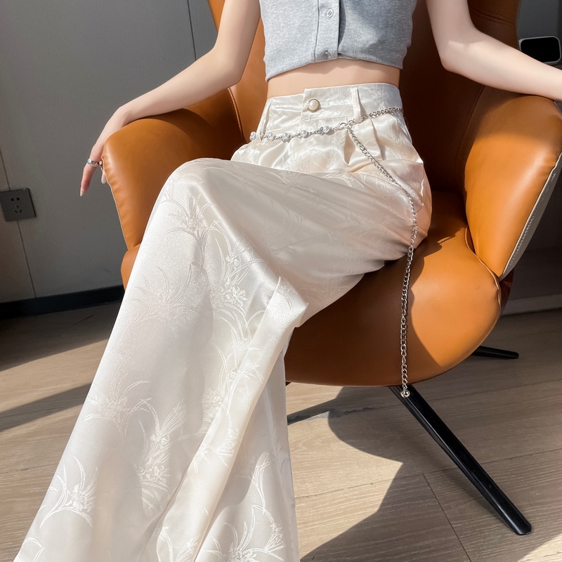實拍2026夏季新款新中式緞面提花國風西裝褲窄版闊腿褲休閑褲女
