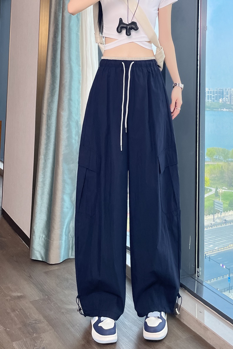 實拍2026夏季新款冰絲速干高腰彎刀工裝褲束腳闊腿兩穿休閑褲女