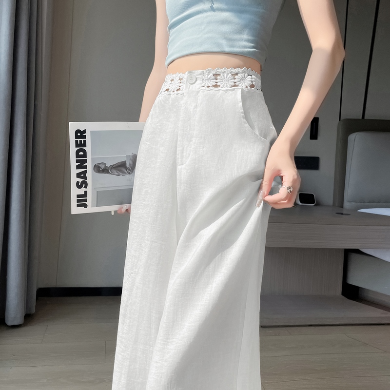 實拍2026夏季新款天絲亞麻闊腿褲高腰休閑褲防曬蕾絲拖地褲女