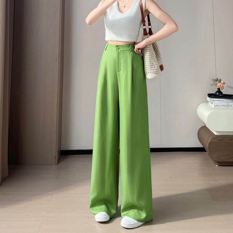 實拍2026夏季新款人字紋天絲亞麻闊腿褲高腰防曬冰絲褲拖地褲女