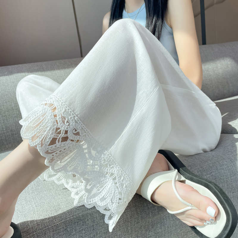 實拍2026夏季新款亞麻九分褲冰絲防曬蕾絲高腰哈倫休閑褲女