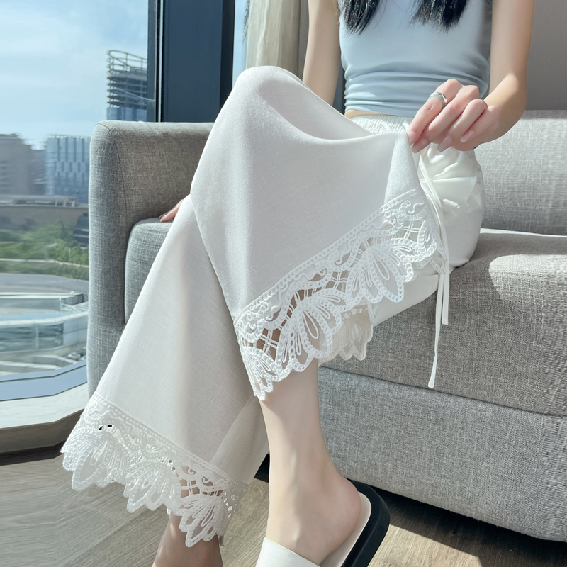 實拍2026夏季新款亞麻九分褲冰絲防曬蕾絲高腰哈倫休閑褲女