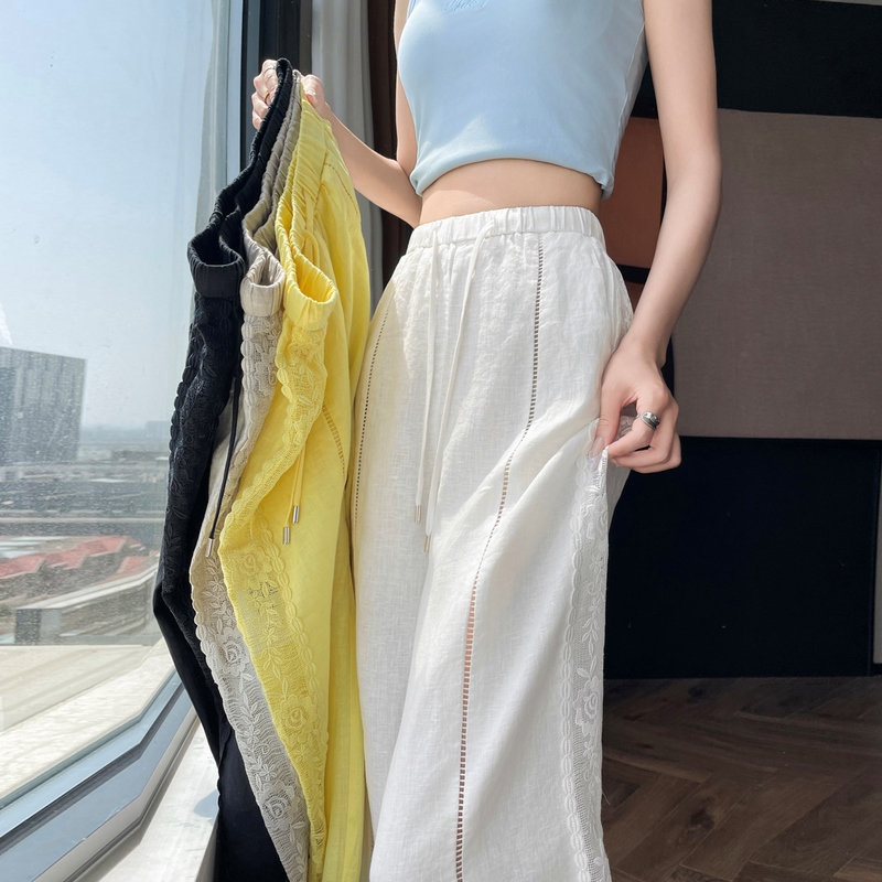 實拍2026夏季新款天絲亞麻闊腿褲蕾絲防曬休閑薄款拖地褲女